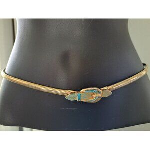 Gold-Tone Metal Stretch Belt  Enamel Buckle Women's Small Made In Hong Kong